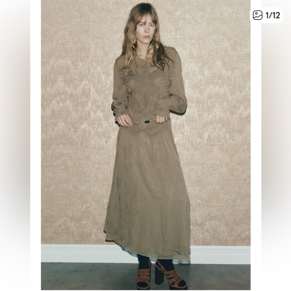 Zara Jacquard Embroidered Gray Green Midi Dress